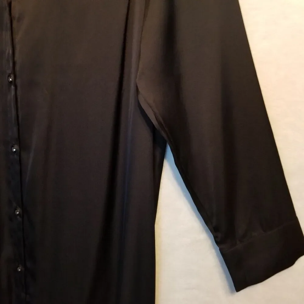 Soma M Dress Sleep Shirt Black Satin Button Front Loungewear Nightgown Classic